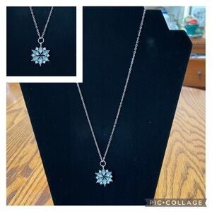Necklace Snowflake Pendant Clear & Blue Crystals With Silver Tone Chain